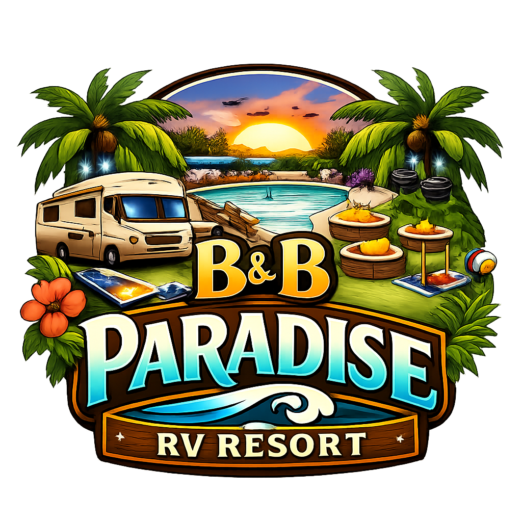 Illustrated logo for B&B Paradise RV Resort with an RV, palm trees, food, grill, and a sunset over water, evoking a tropical, relaxing vacation setting.